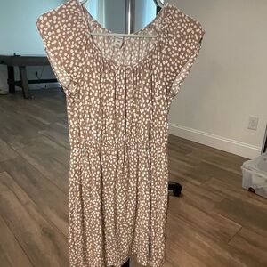 Beige Polka Dot Short Sleeve Smocked Waist Dress